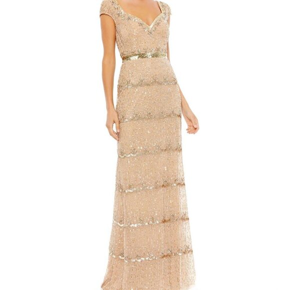 Mac Duggal Nude Beige Gold Embellished Cap Sleeve Gown